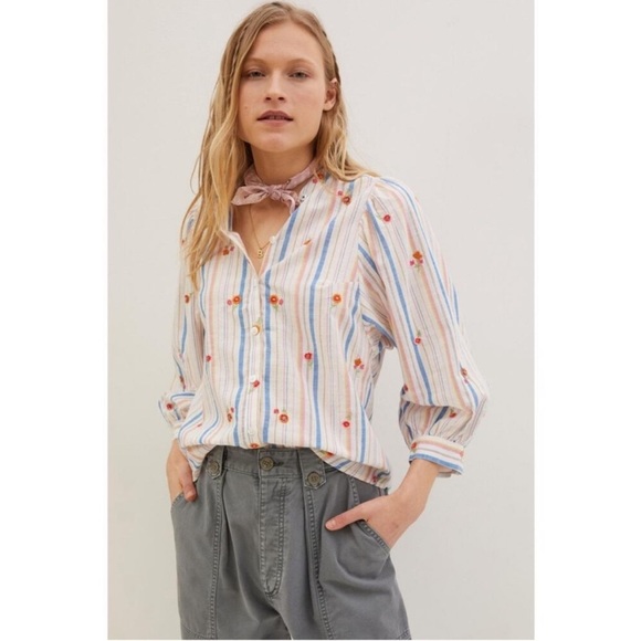 Anthropologie Pilcro The Bella Femme Floral Embroidery Cotton Neutral Blouse M - Picture 2 of 2